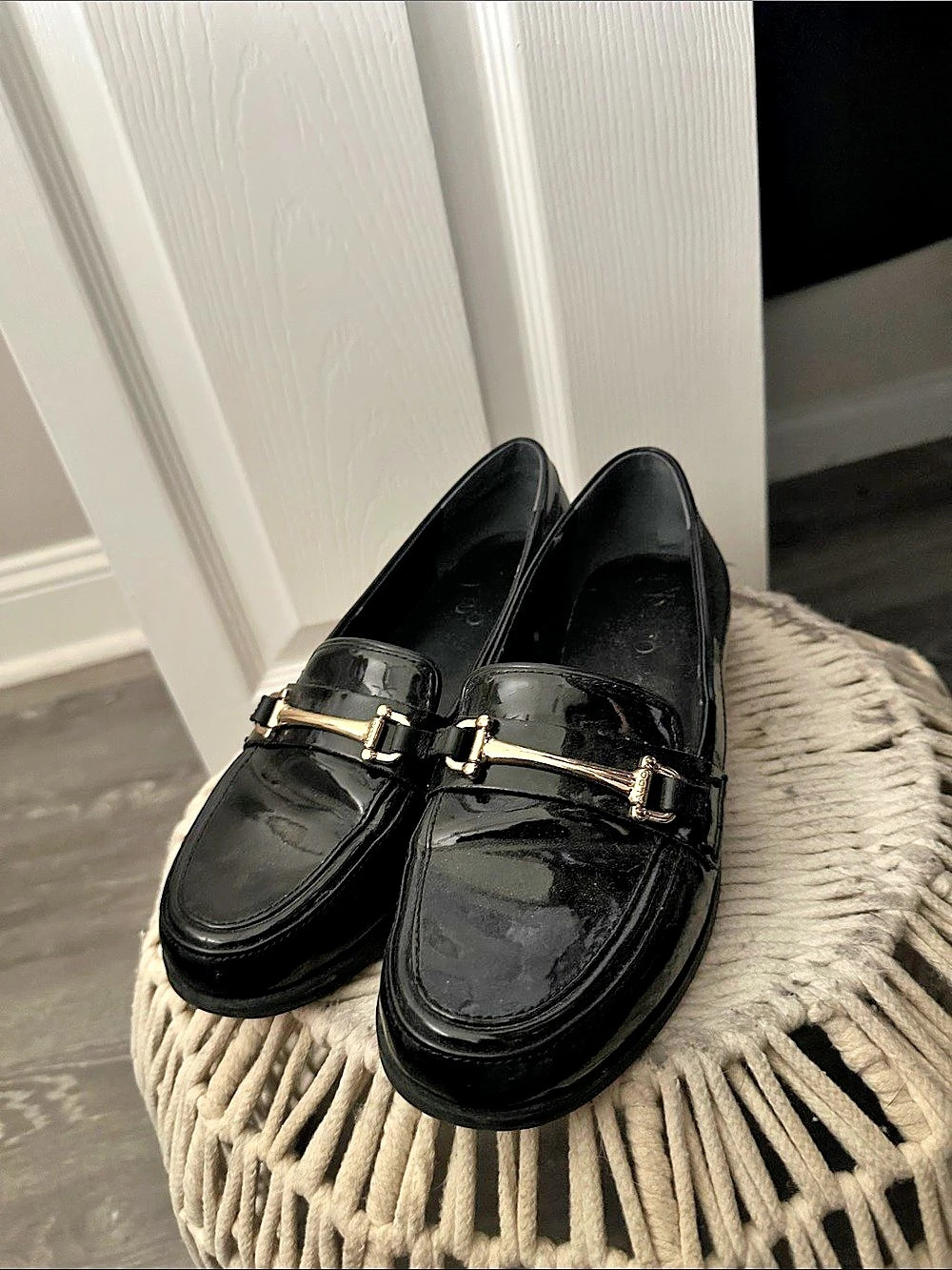 Franco Sarto Black Patent Loafers Gold-Tone Hardware